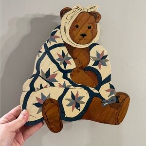 Wooden Handmade Bear Wall Art with Floral Blanket